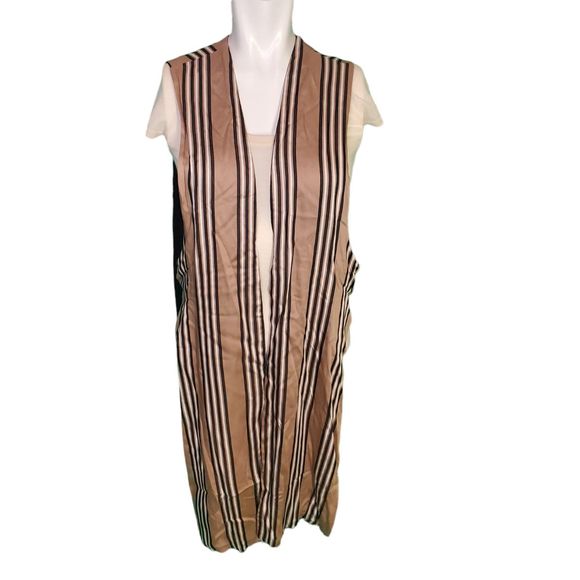 Nualy Tan Striped Duster Cardigan Sleeveless Satin Jacket Tunic Top sz 40/S-M - Picture 1 of 7